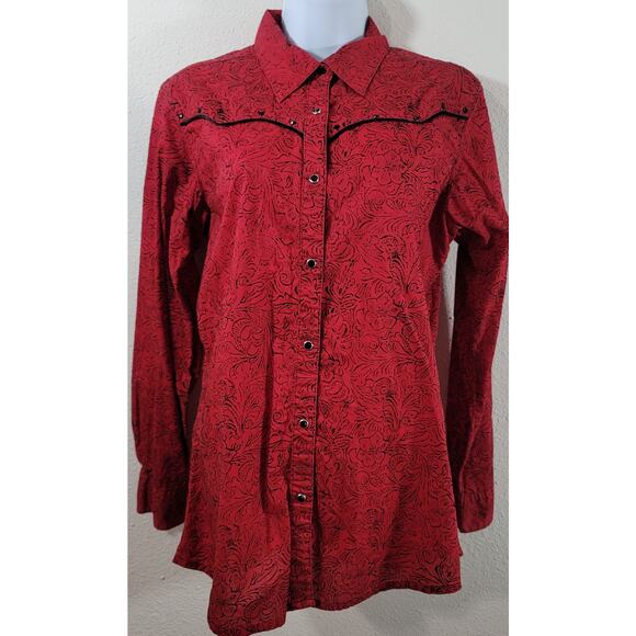 Wrangler Red Black Rhinestones Button Snap Top Medium Lightweight Collard Soft - Picture 1 of 6